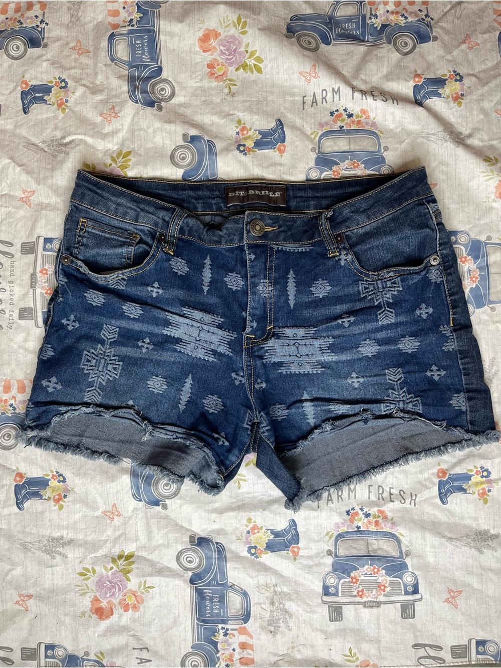Bit & Bridle Southwestern Aztec Frayed Cut Off Denim Shorts Size 12 Regular